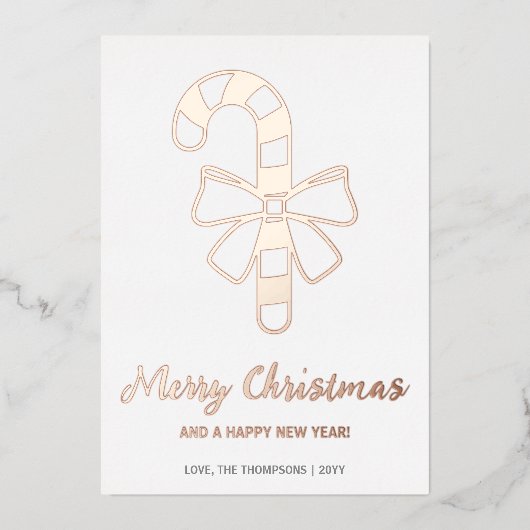 リボンのついたクリスマスのキャンディケイン 箔シーズンカード (正面)