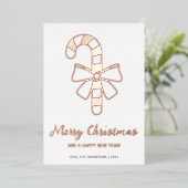 リボンのついたクリスマスのキャンディケイン 箔シーズンカード (立ち正面)