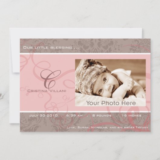 リボンのピンクのベビーの誕生の発表 案内状 (正面)