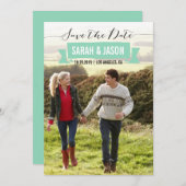 リボンの保存日付の写真カード-ミント セーブザデート (正面/裏面)