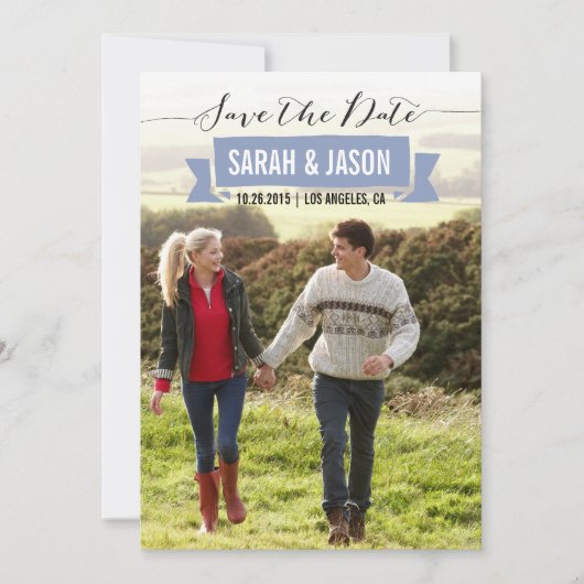 リボンの保存日付の写真カード-ラベンダー セーブザデート (正面)