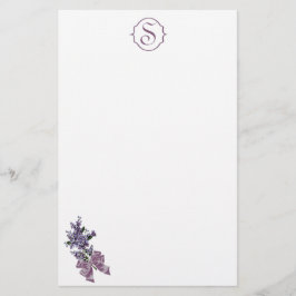 リボンの弓が付いているモノグラムそして紫色の薄紫のスプレー 便箋