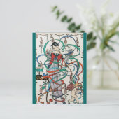 リボンの渦巻きカラフルとキューピッドを持つ若い少女 ポストカード (スタンド正面)