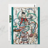 リボンの渦巻きカラフルとキューピッドを持つ若い少女 ポストカード (正面/裏面)