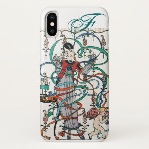 リボンの渦巻きカラフルとキューピッドを持つ若い少女 iPhone X ケース