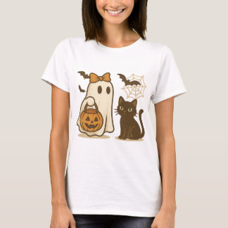 リボンを付けたかわいいおばけと黒猫 – スプーキー かわいい Tシャツ