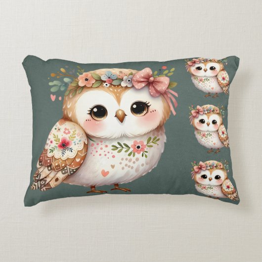 リボンを付けたかわいい花柄のフクロウ アクセントクッション (正面)