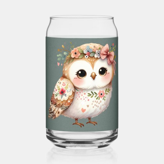 リボンを付けたかわいい花柄のフクロウ ガラス缶 (正面)