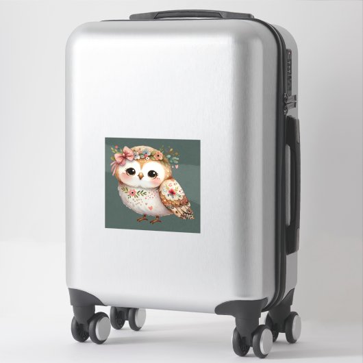 リボンを付けたかわいい花柄のフクロウ シール (スーツケース)
