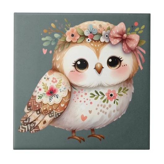 リボンを付けたかわいい花柄のフクロウ タイル (正面)