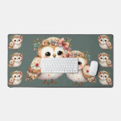 リボンを付けたかわいい花柄のフクロウ デスクマット (キーボード&マウス)