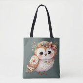 リボンを付けたかわいい花柄のフクロウ トートバッグ (正面)