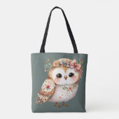 リボンを付けたかわいい花柄のフクロウ トートバッグ (裏面)