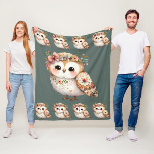 リボンを付けたかわいい花柄のフクロウ フリースブランケット
