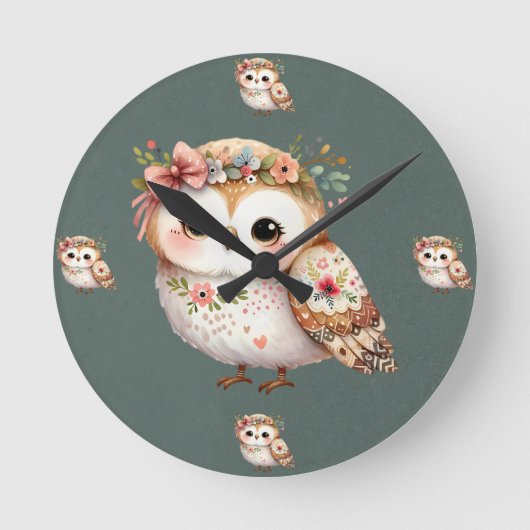 リボンを付けたかわいい花柄のフクロウ ラウンド壁時計 (正面)