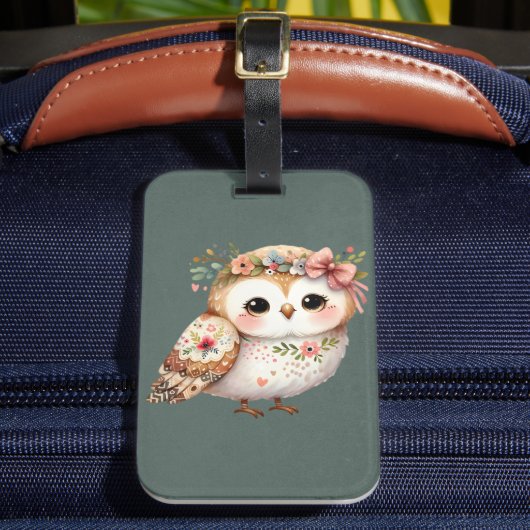 リボンを付けたかわいい花柄のフクロウ ラゲッジタグ (正面インサイチュ2)