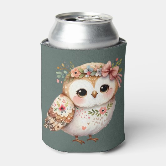 リボンを付けたかわいい花柄のフクロウ 缶クーラー (缶正面)