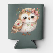 リボンを付けたかわいい花柄のフクロウ 缶クーラー (正面)