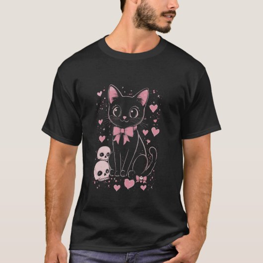 リボンを付けたかわいい黒猫 - ゴシック Tシャツ (正面)