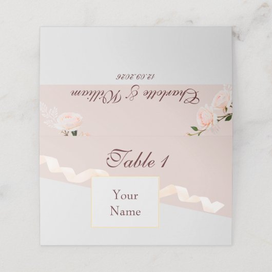 リボンを使用したソフト紫とグレーの効果c プレイスカード (外部開封)