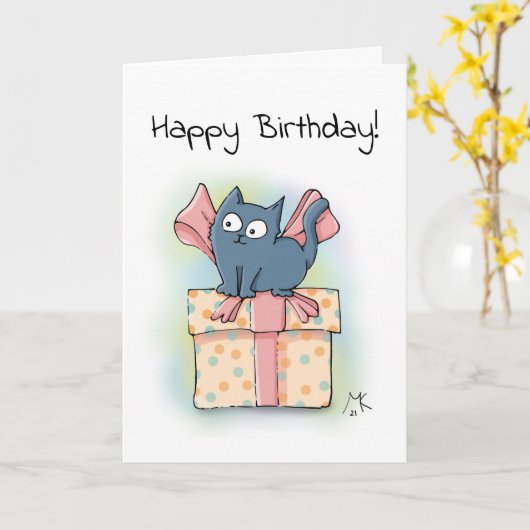 リボンを巻いたハッピーマンガの子猫 カード (黄色い花)