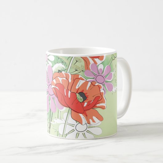 リボンを結んだケシ:デイジーの花束。 コーヒーマグカップ (正面右)