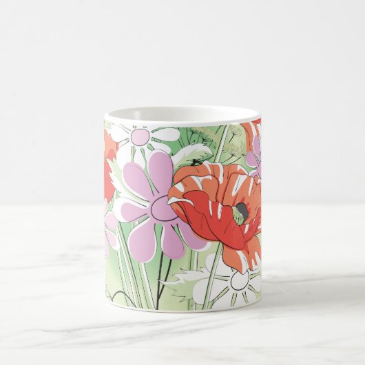 リボンを結んだケシ:デイジーの花束。 コーヒーマグカップ (中央)