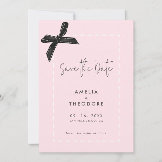 リボンエレガントの弓の結婚式の日付を保存 招待状 (正面)