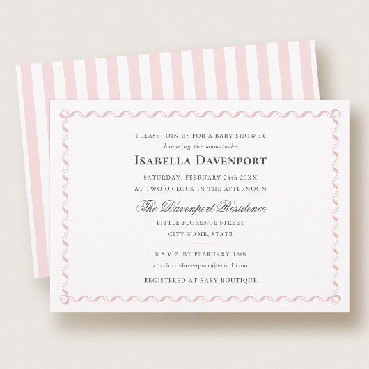 リボンエレガントキャンディストライプのベビーシャワーピンク 招待状