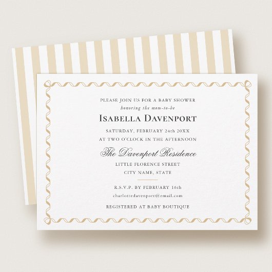 リボンエレガントキャンディストライプのベビーシャワー金ゴールド 招待状