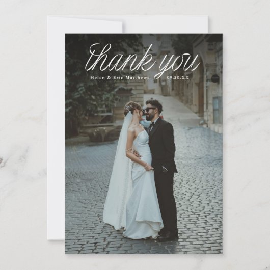 リボンスクリプトトップ ミニマリストの結婚式の写真 サンキューカード (正面)