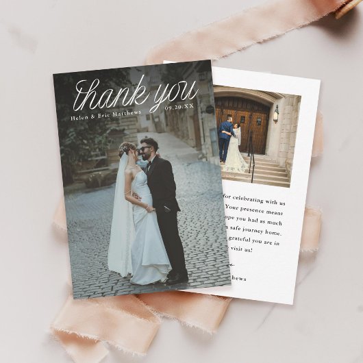 リボンスクリプトトップ ミニマリストの結婚式 写真 小 サンキューカード