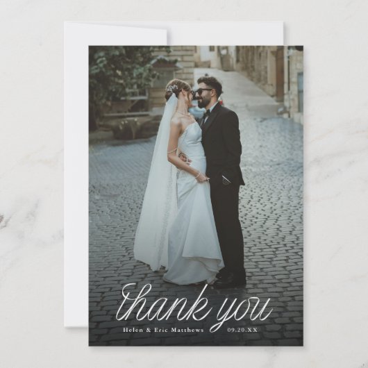 リボンスクリプト ミニマリスト結婚式 写真 サンキューカード (正面)