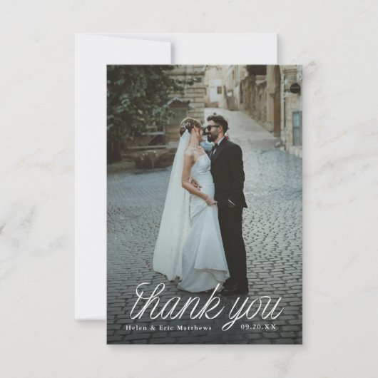 リボンスクリプト ミニマリスト 結婚式 写真 小 サンキューカード (正面)