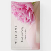 リボンバナー付きピンク色の牡丹 横断幕 (縦)