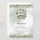 リボンバプテスマ付きシックな水色フローラリース 招待状 (正面/裏面)