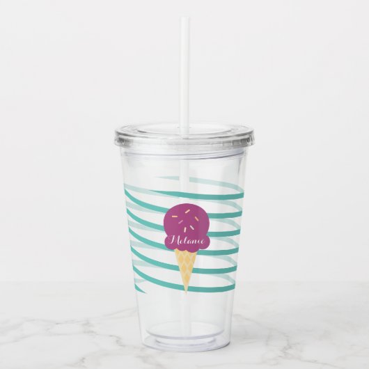 リボンパープルアイスクリームストライプのモノグラム アクリルタンブラー (正面)