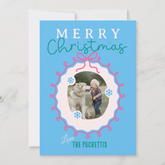 リボンピンク写真フレームクリスマス シーズンカード (正面)