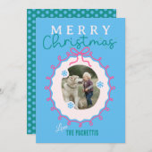 リボンピンク写真フレームクリスマス シーズンカード (正面/裏面)