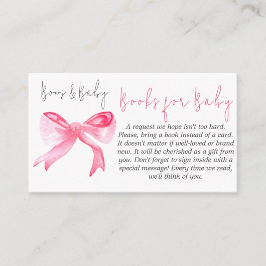リボンピンク弓ベビーガールブックスベビーシャワーゲーム エンクロージャーカード (正面)