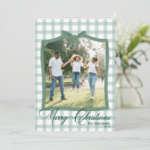 リボンボウ付き緑のプレイド式クリスマスフォトカード サンキューカード (スタンド正面)