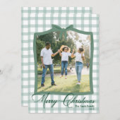 リボンボウ付き緑のプレイド式クリスマスフォトカード サンキューカード (正面/裏面)