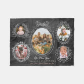 リボンボタニカルフレーム5フォト祖父母ブラック フリースブランケット (正面(横))