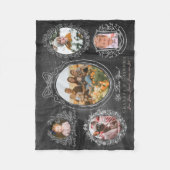 リボンボタニカルフレーム5フォト祖父母ブラック フリースブランケット (正面)