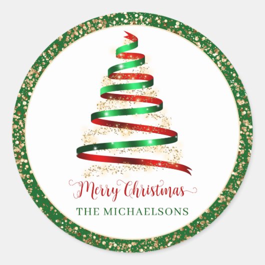 リボンメリークリスマスツリー金ゴールドグリッター ラウンドシール (正面)