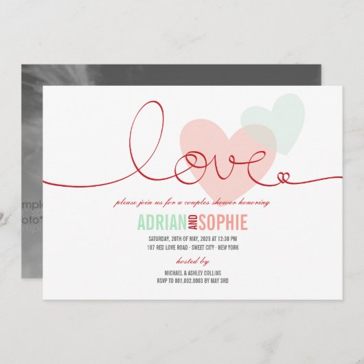 リボンラブスイートハートカップルシャワーパーティー招待状 招待状 (正面/裏面)