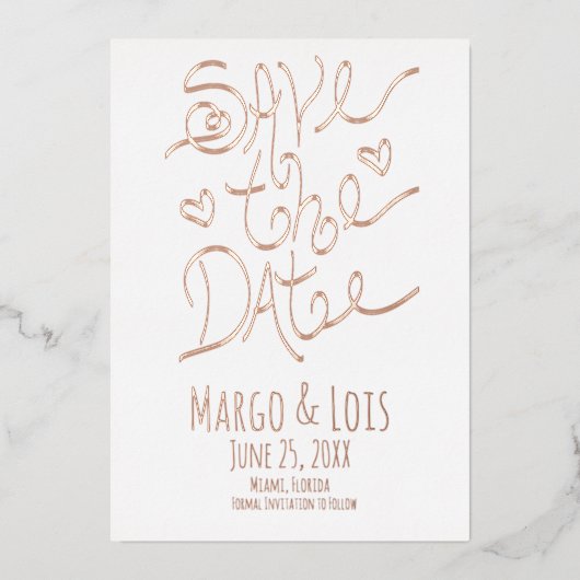 リボンレタリング押された日付を保存 箔招待状 (正面)