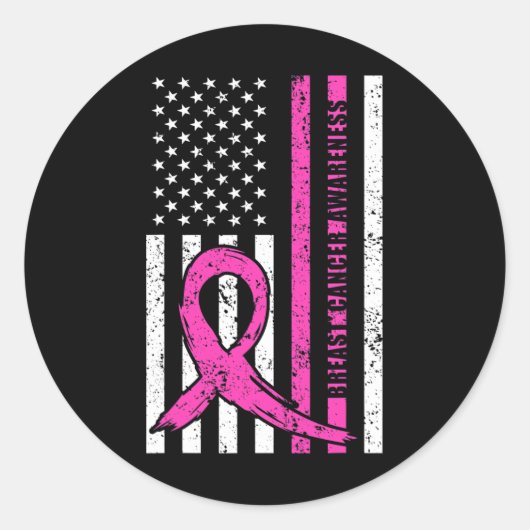 リボン乳がん認知月米国国旗 ラウンドシール (正面)