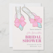 リボン付きピンクのヒールブライダルシャワー 招待状 (正面)