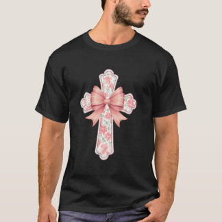 リボン付きフローラルクロス キリスト教の信仰 イースターの春 Tシャツ